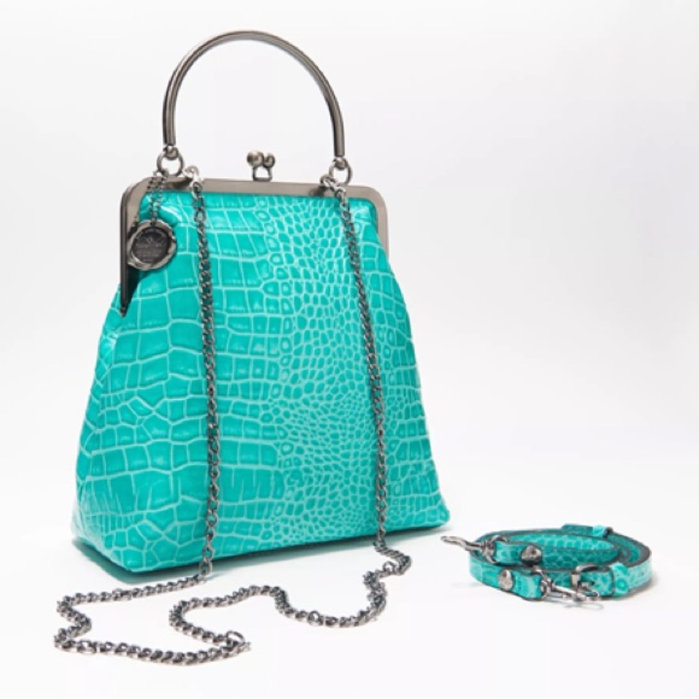 NWT$149 Patricia Nash Laureana Framed Satchel Bag Leather Blue Grass Aqua Croco